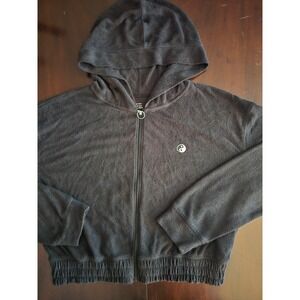Gilly Hicks Black Terry Cloth Yin Yang Cropped Zip Up Hoodie Womens Large L